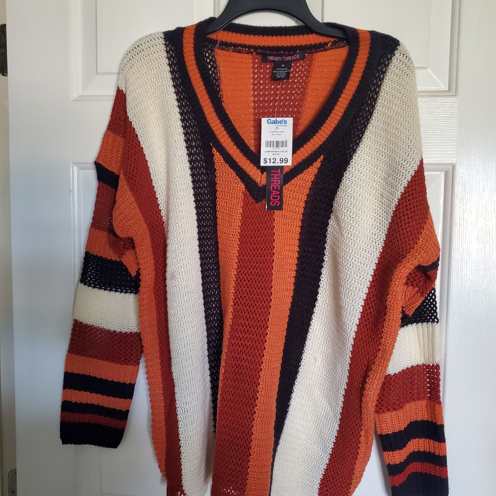 NWT Free Kisses Striped V-Neck Sweater - Orange, Cream, Black
